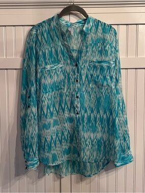 Vanity Teal and White Ikat Button-Front Blouse